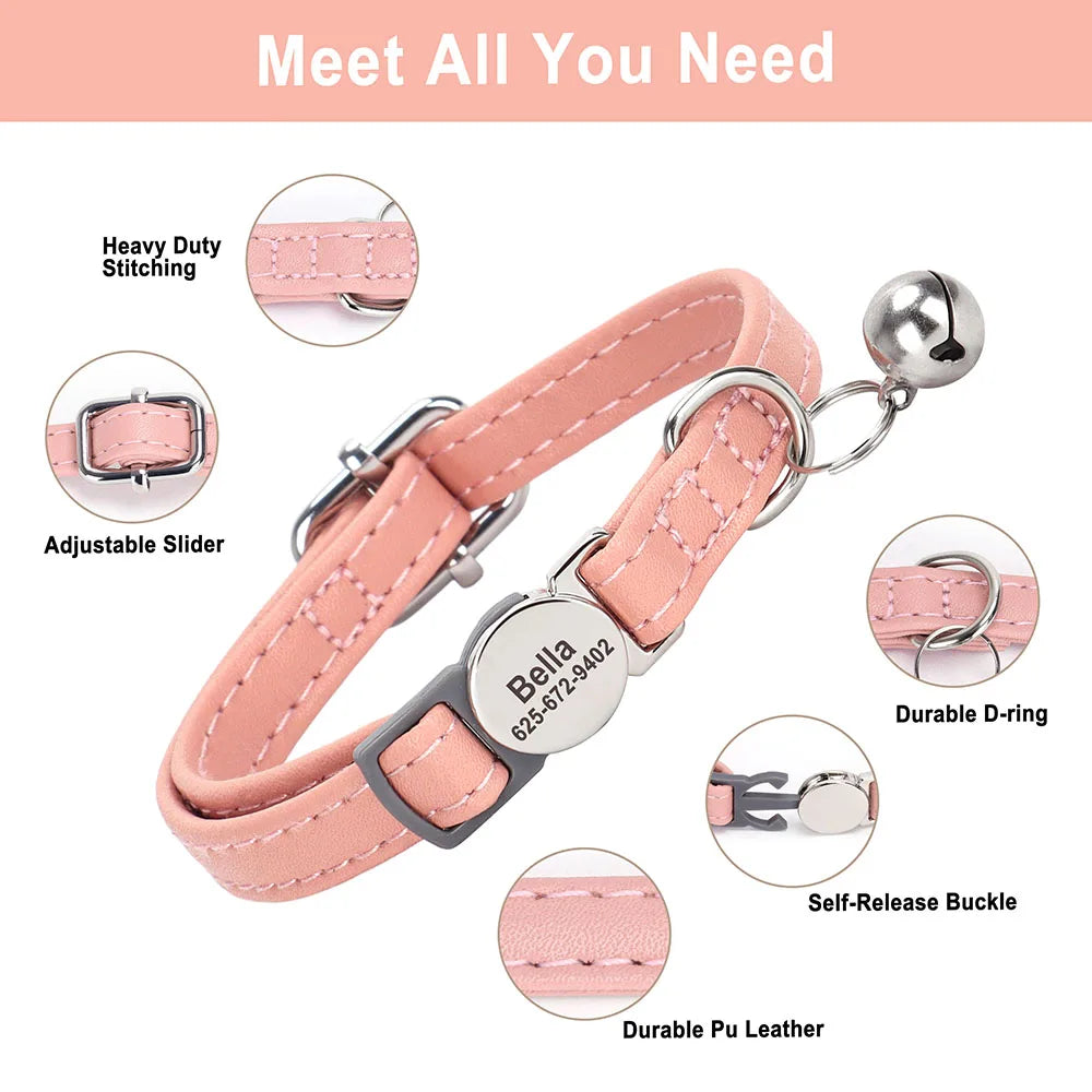 Pink PU leather adjustable cat collar with engraved ID tag, buckle, and hanging bell