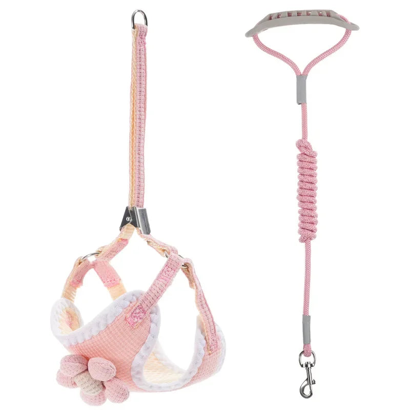 Dog harness and leash set in pink, adjustable neck and chest straps with paw charms