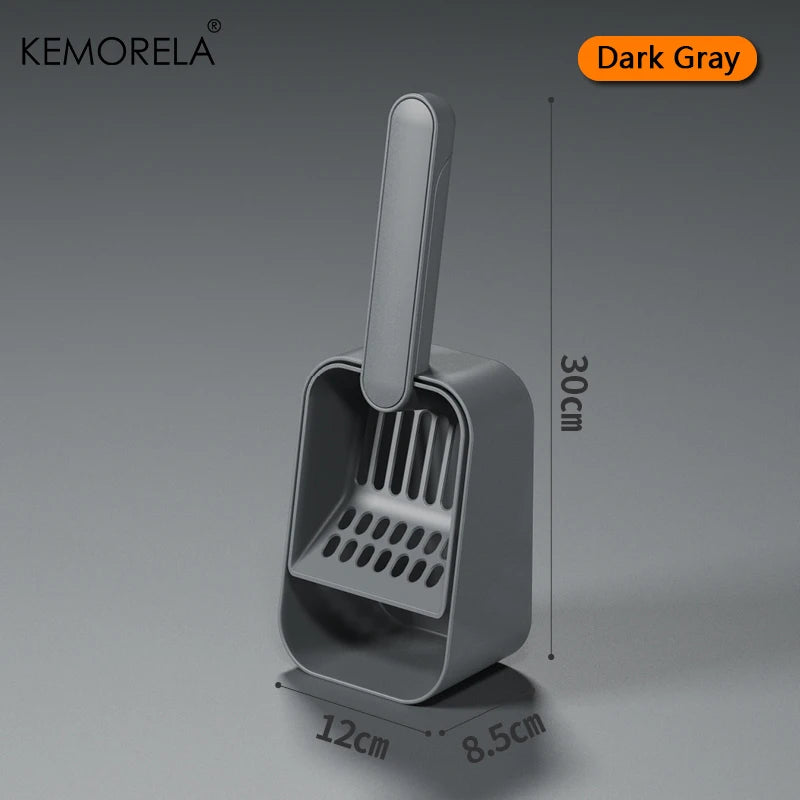 Dark gray cat litter scoop with base, tall handle and perforated sifter, 30 cm.