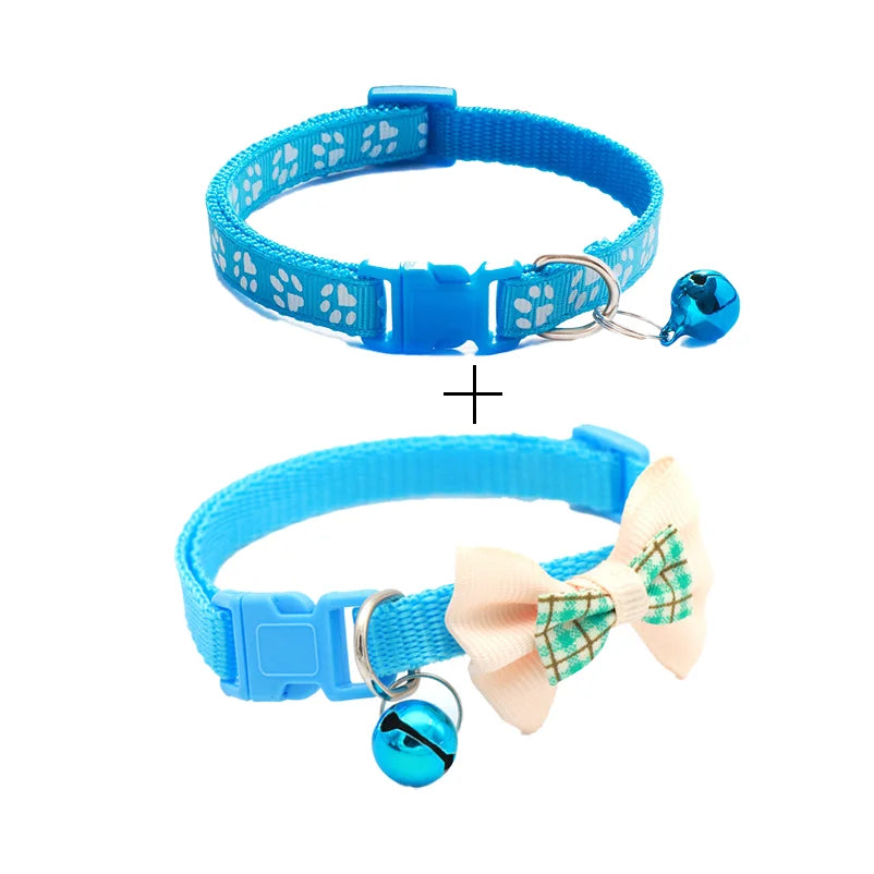 Blue cat collar with plaid bow and round bell charm