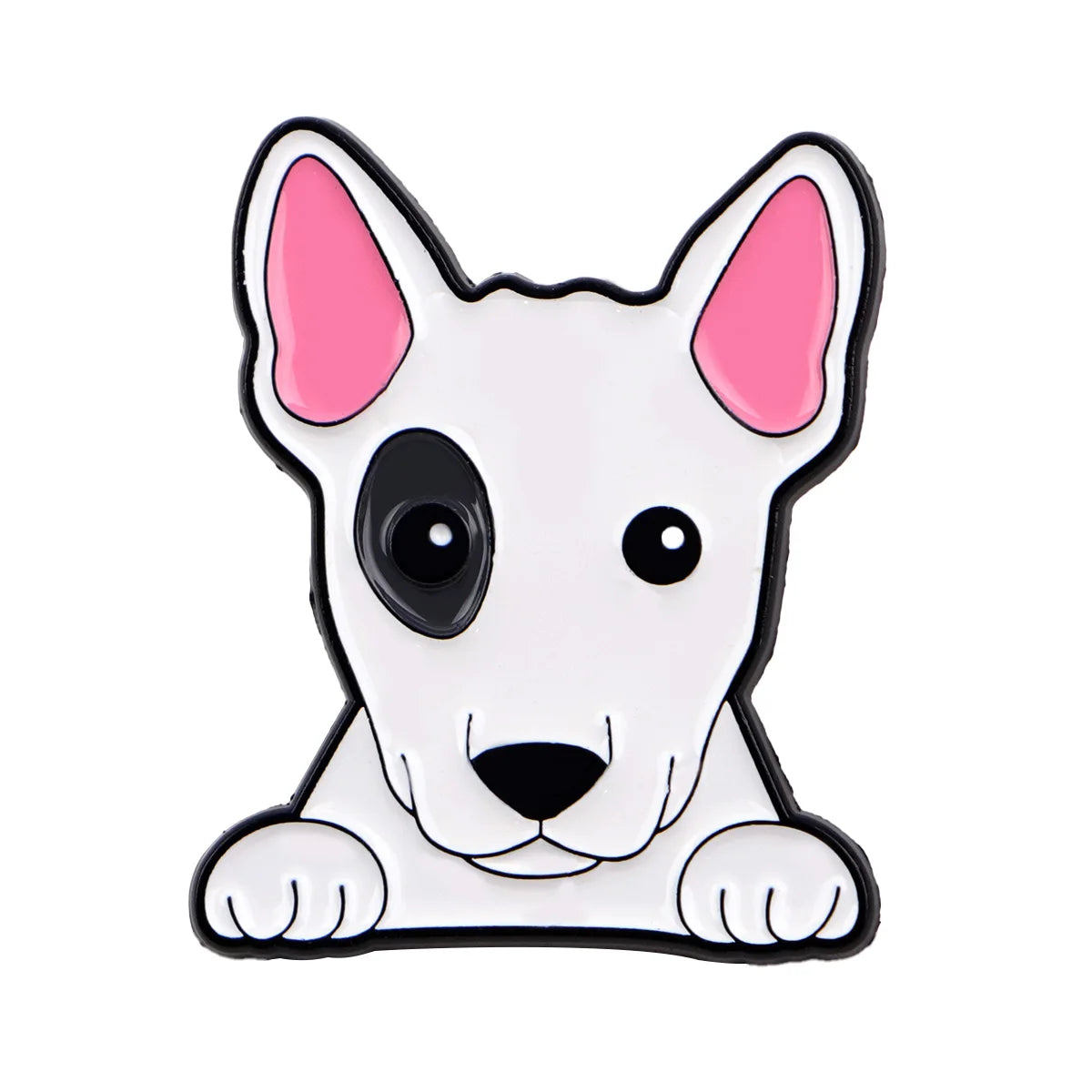 White and black enamel lapel pin shaped like a cute dog face with pink ears