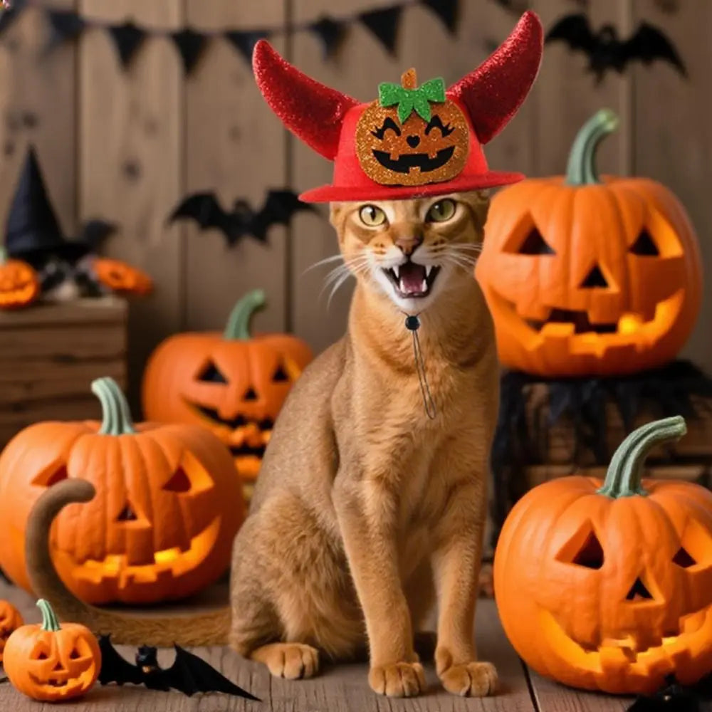 Orange cat wearing red pumpkin horn cosplay hat with jack-o-lantern emblem.