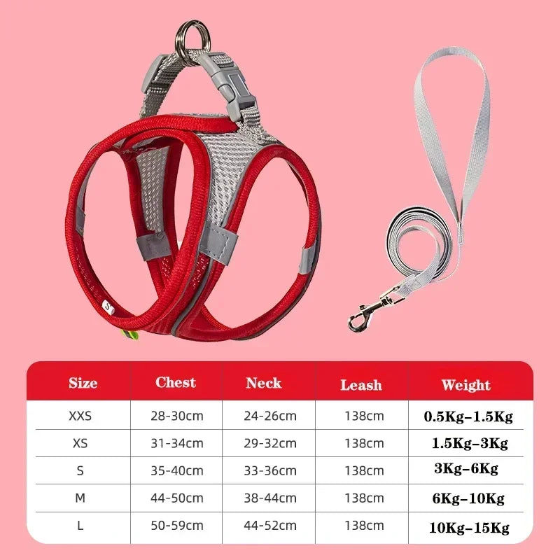 Red and gray mesh no-pull dog harness vest set with leash and size chart