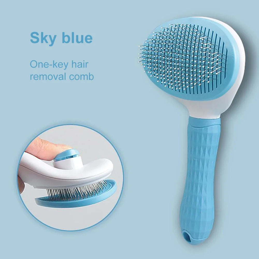 Blue dog grooming comb brush with pin bristles and curved handle