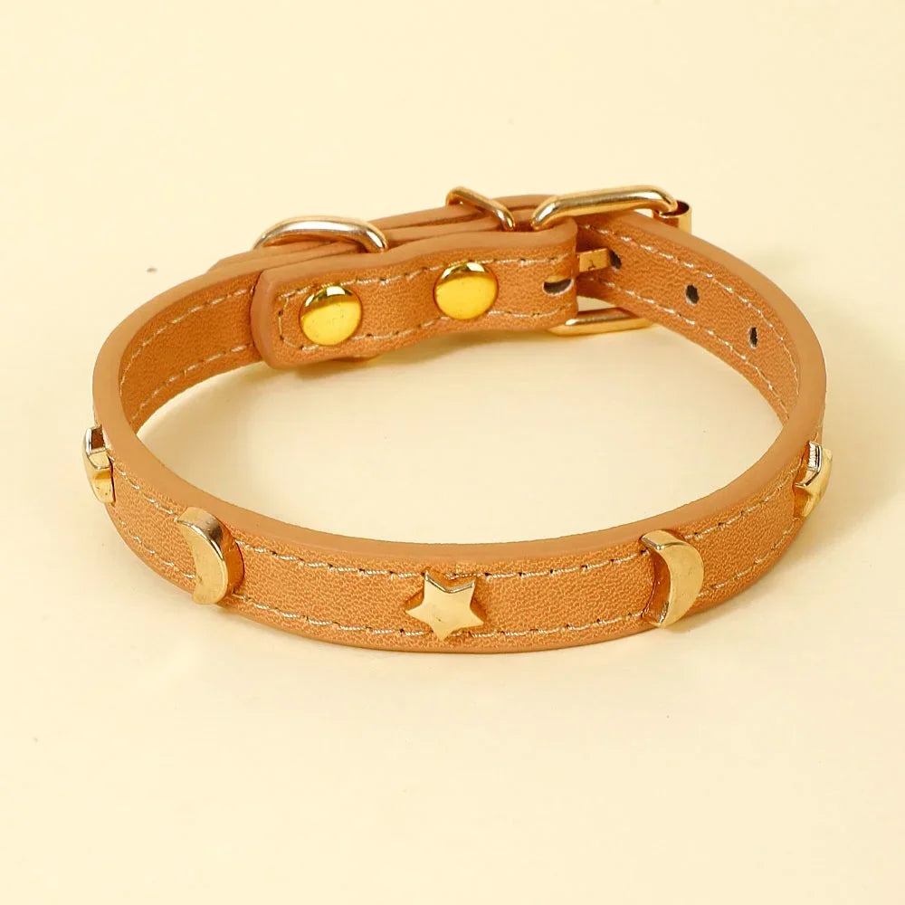 Soft Leather Cat Collar Star Moon Rivets Kitten Puppy XS-M