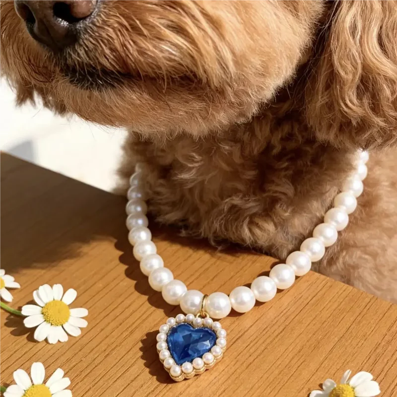Adjustable pearl and rhinestone pet collar with blue heart charm