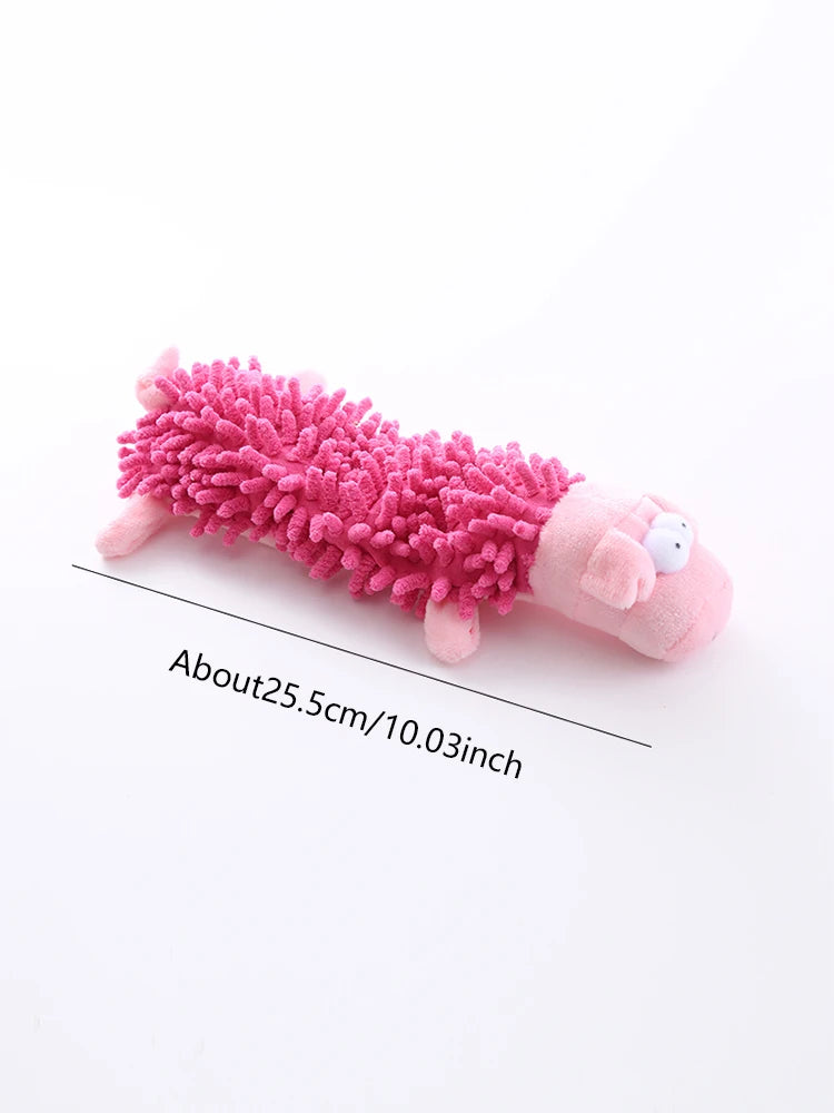 Pink plush mop-shaped dog toy with small animal face and light nose
