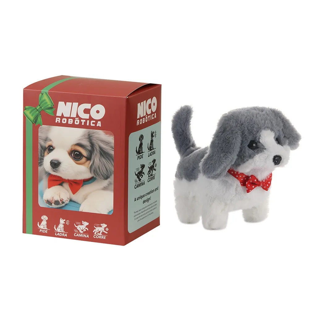 Gray-and-white robot puppy plush with red bow, NICO ROBOTICA box set