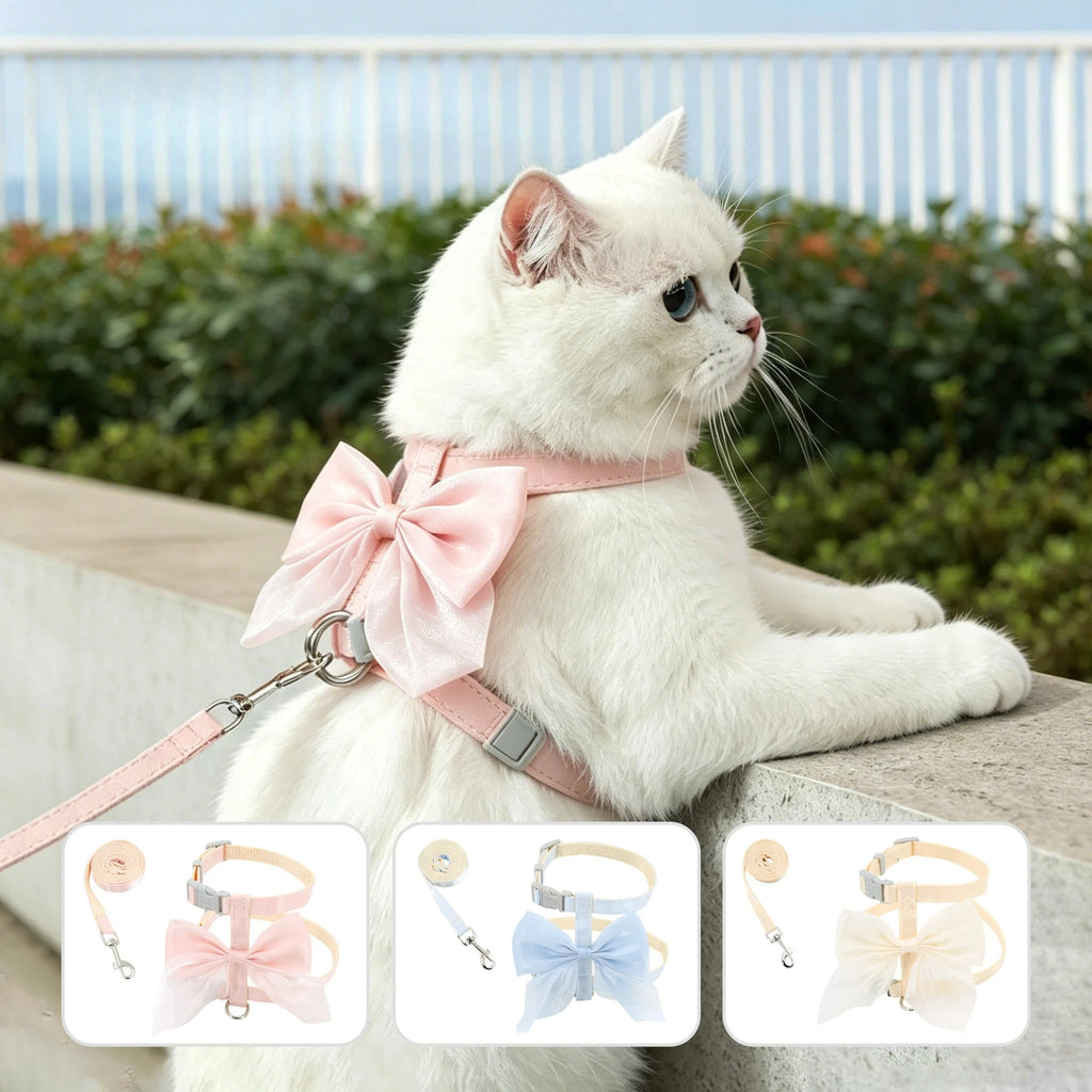 Cat wearing pink cat harness and leash set with bowknot, padded straps, and leash clasp