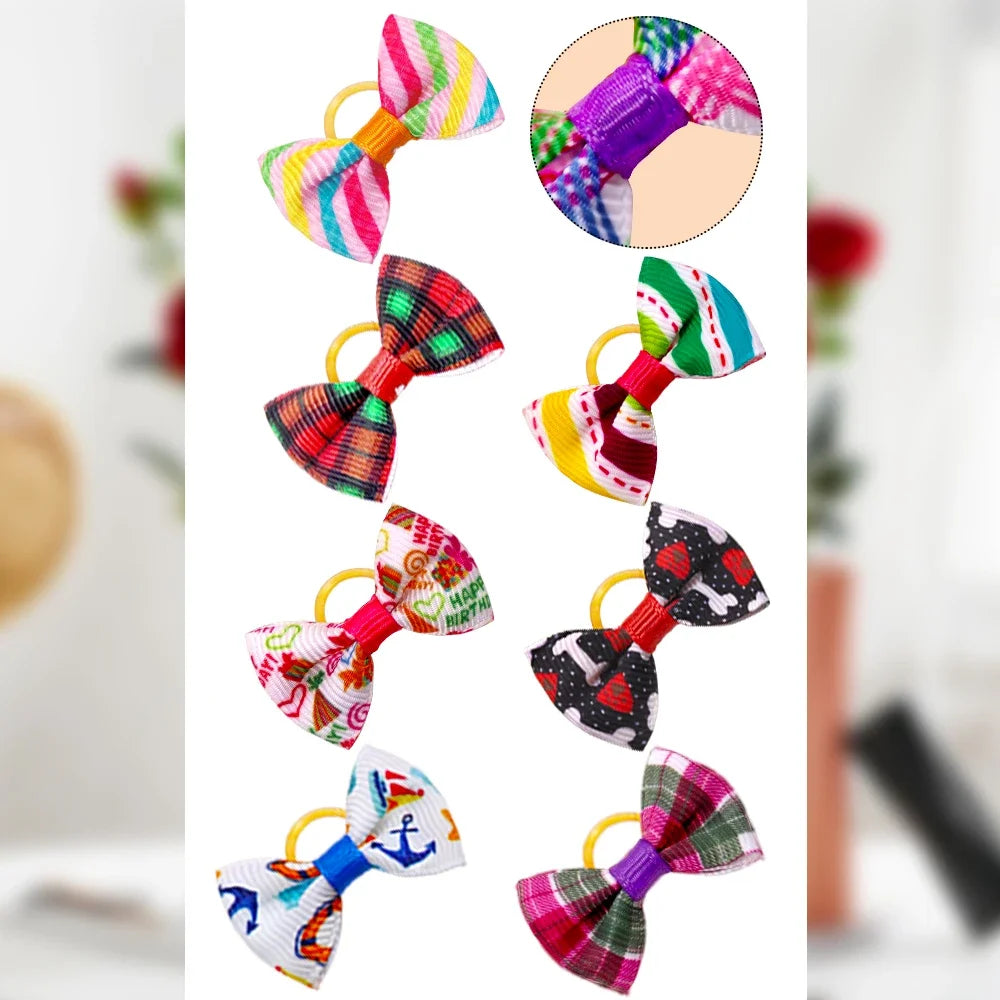Multicolor patterned dog hair bows with gold elastic loops, mixed bow designs