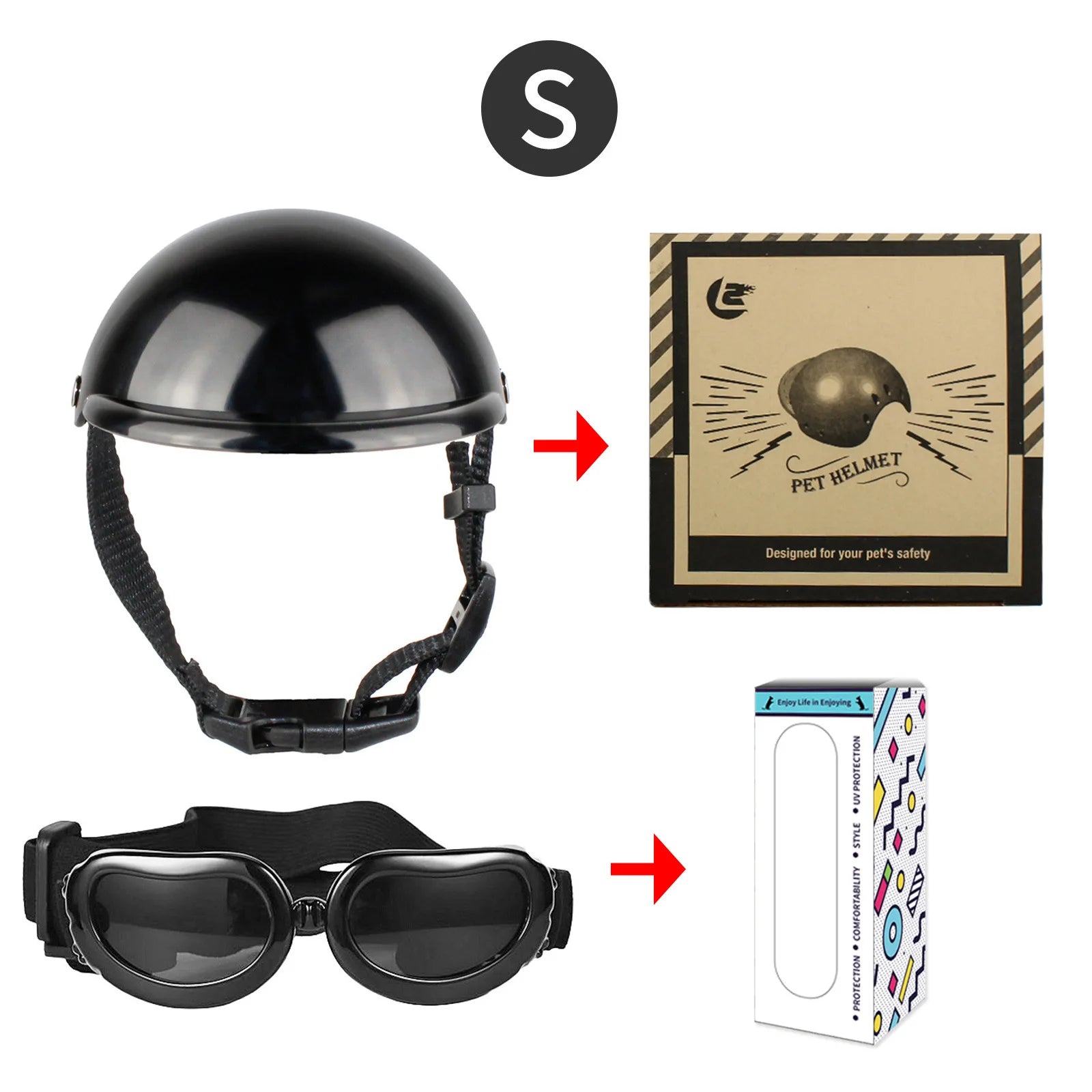 Pet motorcycle helmet goggles set: black helmet, black goggles, size S