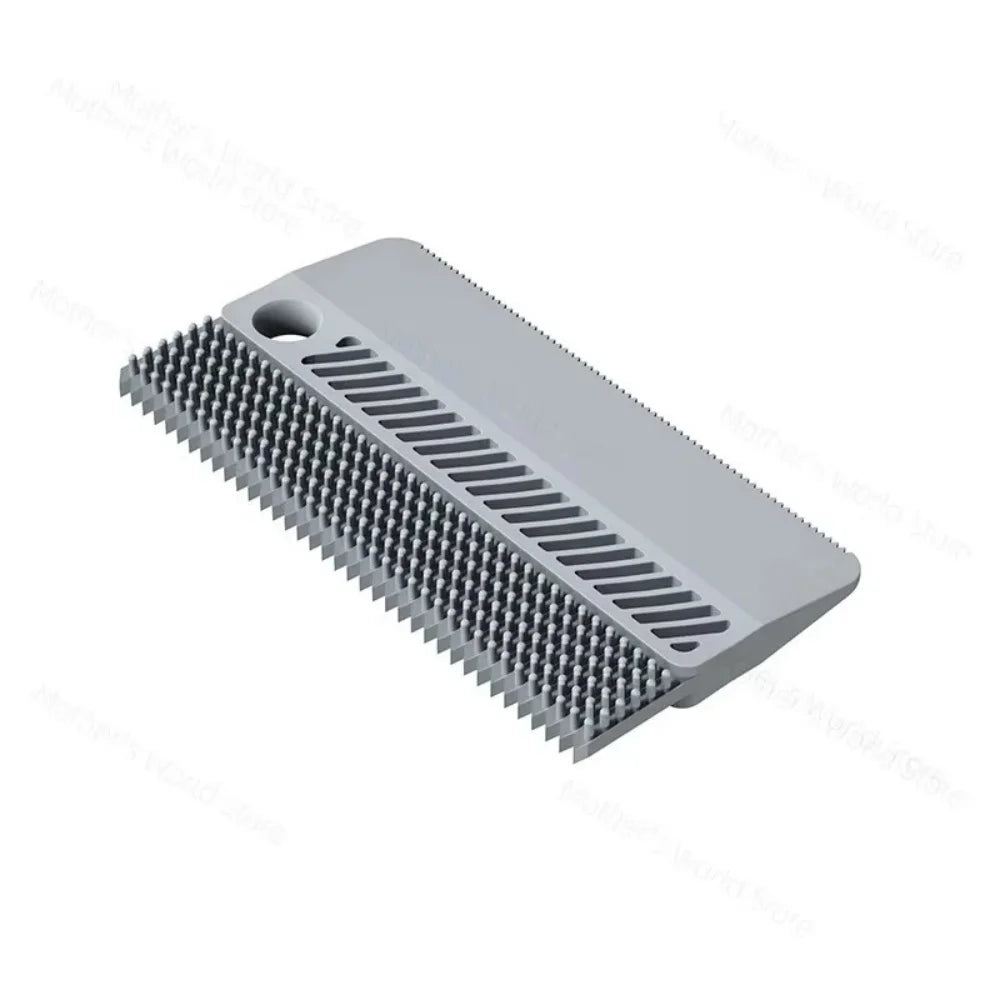 Gray pet hair removal brush with raised bristles and comb-style scraper slots