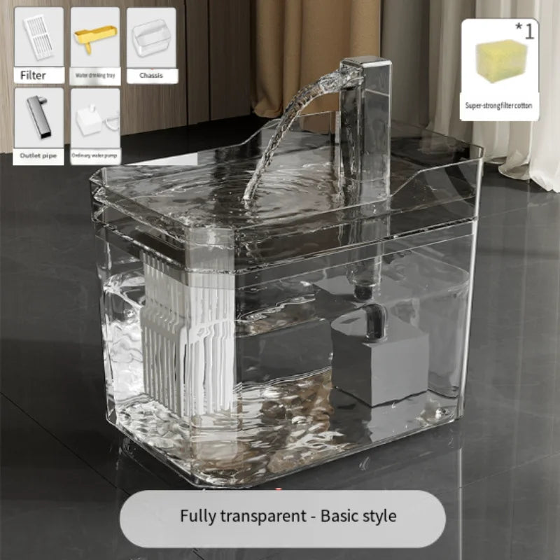 Transparent cat water fountain with auto-filter base and clear water flow from chrome spout