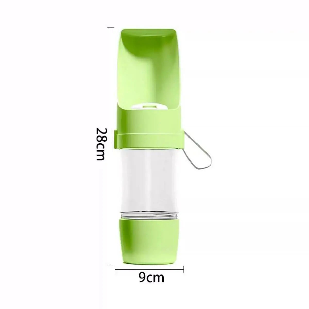 Green pet water and food bottle with flip spout and size measurements