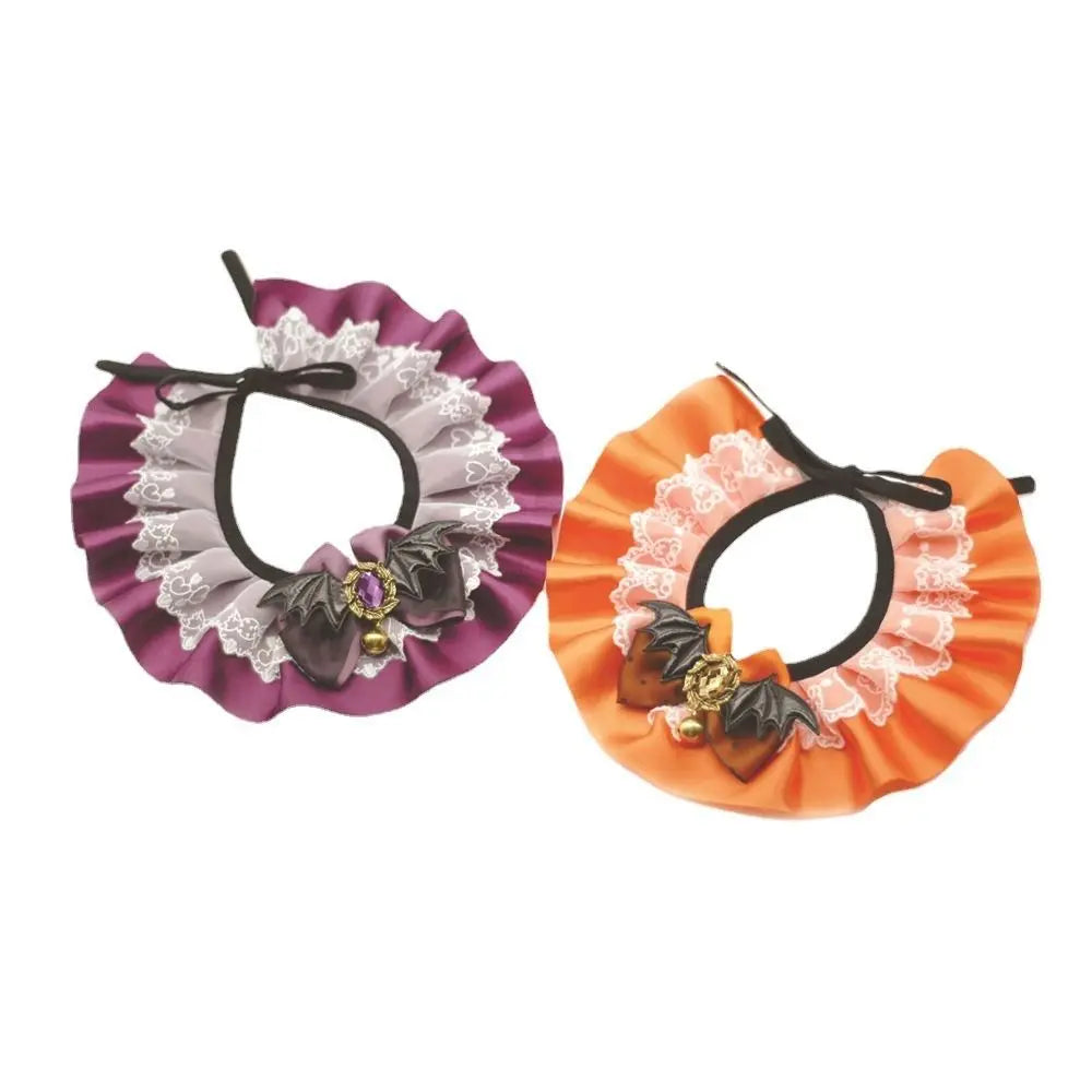Purple and orange Halloween pet lace collar bib scarves with black bows and ruffled lace trim