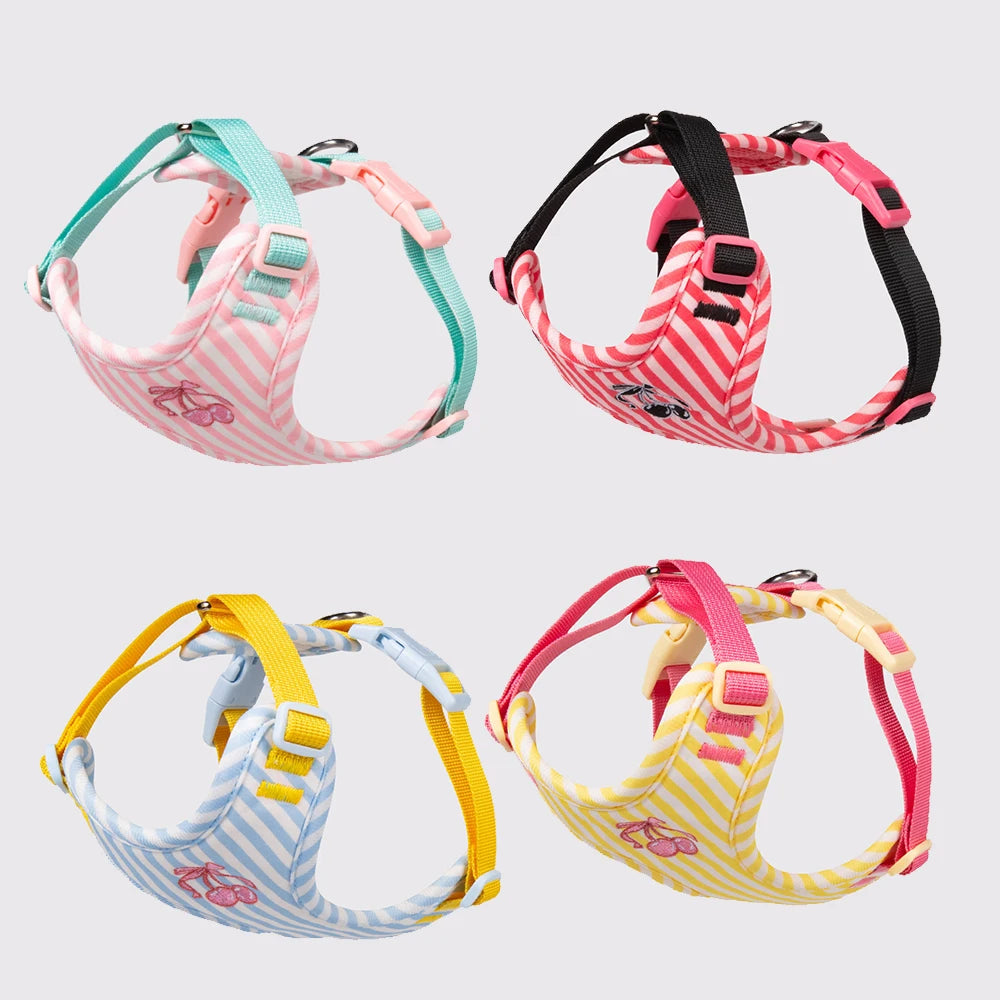 Dog harness and leash set, four striped harnesses with matching leashes