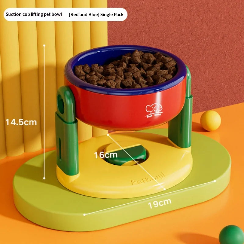 Adjustable height pet bowls set with suction base, blue and red bowls, green stand