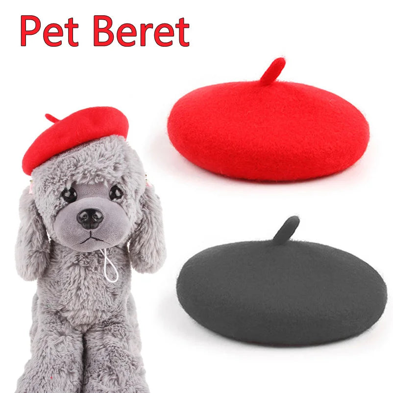Felt pet beret hat set, red and dark gray, with small top pin