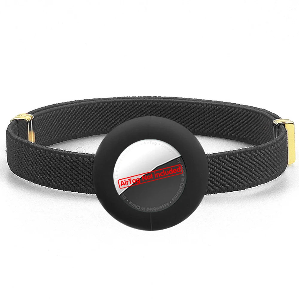 Black cat collar with AirTag holder, safety breakaway clasp and gold hardware.