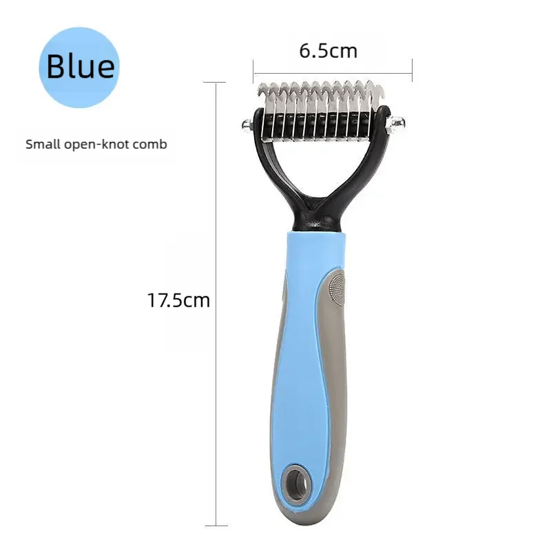 Small pet detangling comb, blue handle, open-knot teeth, 6.5 cm head