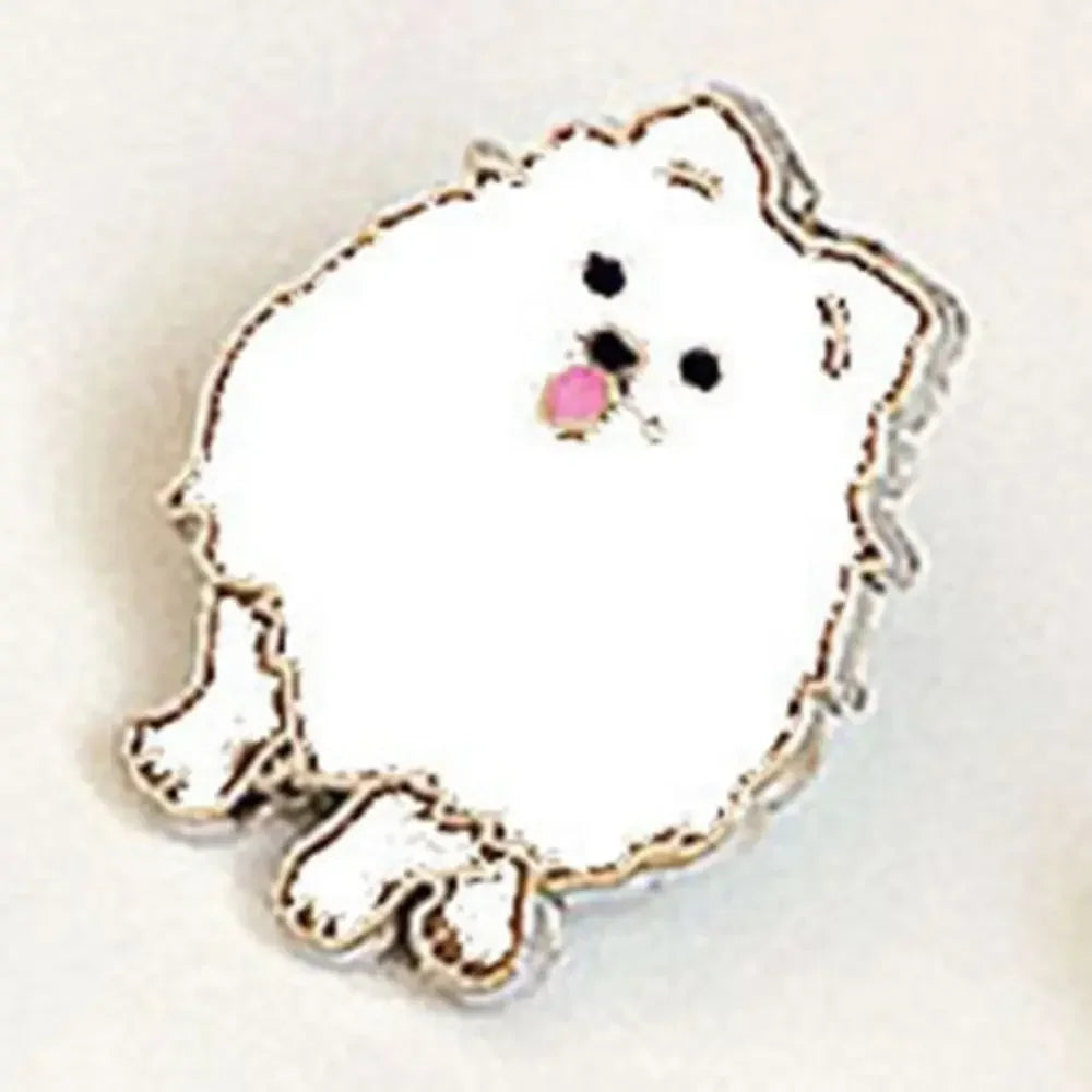 Cartoon husky enamel pin with white body and pink heart detail, silver outline