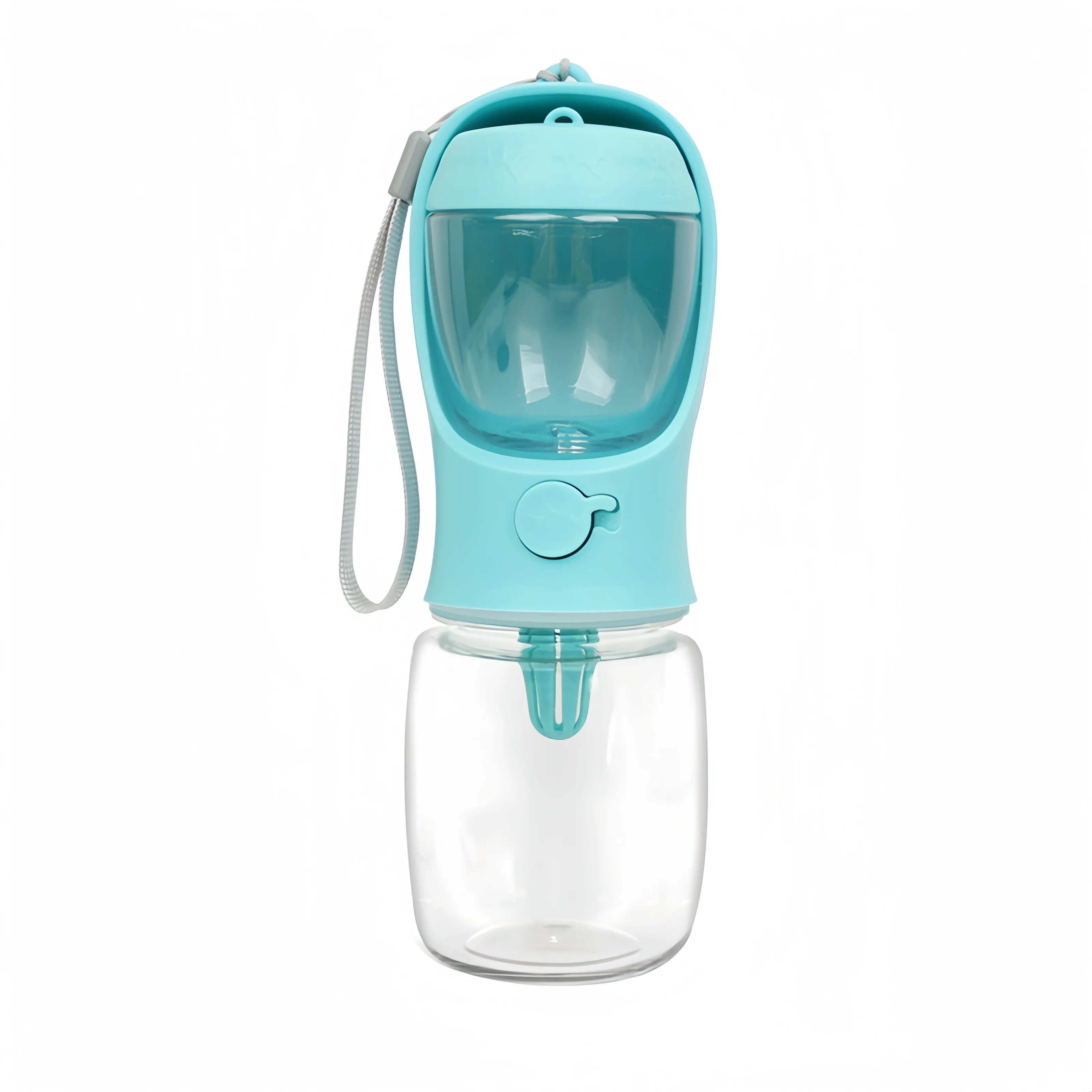 Teal pet travel water bottle with built-in food container and hanging strap