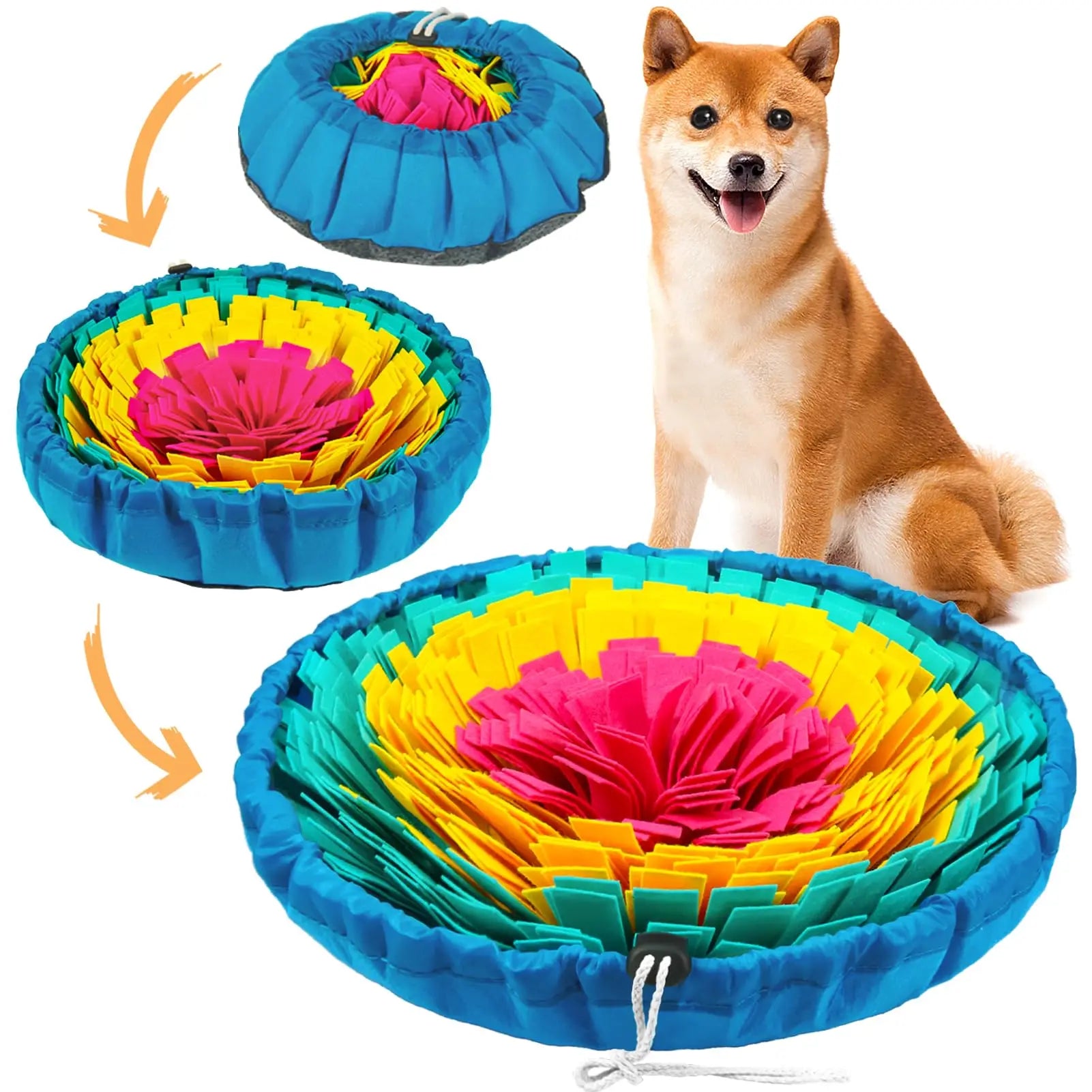Pet snuffle mat for dogs and cats, round blue fabric bowl with rainbow foraging strips.