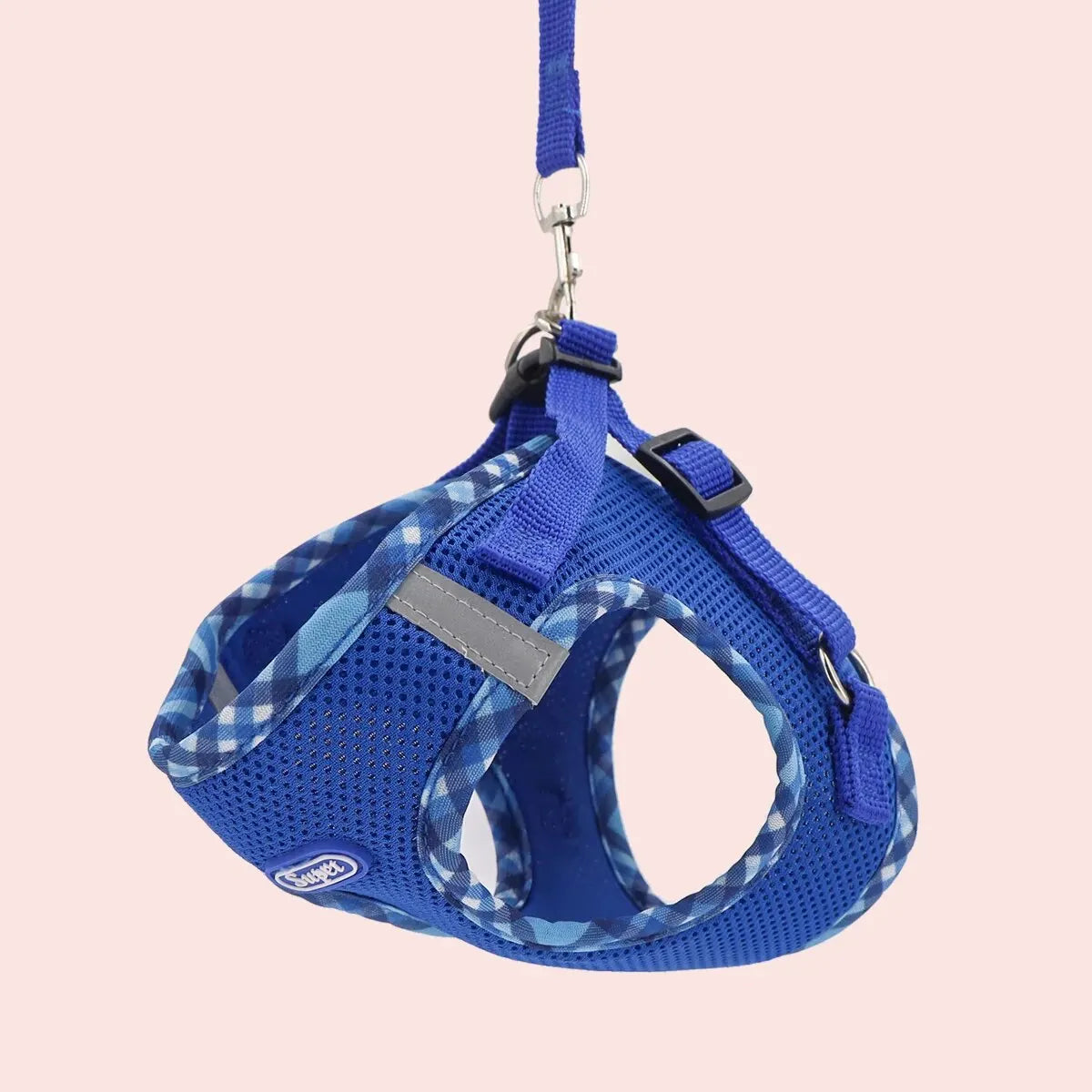 Blue plaid adjustable dog harness with leash attachment and metal clasp
