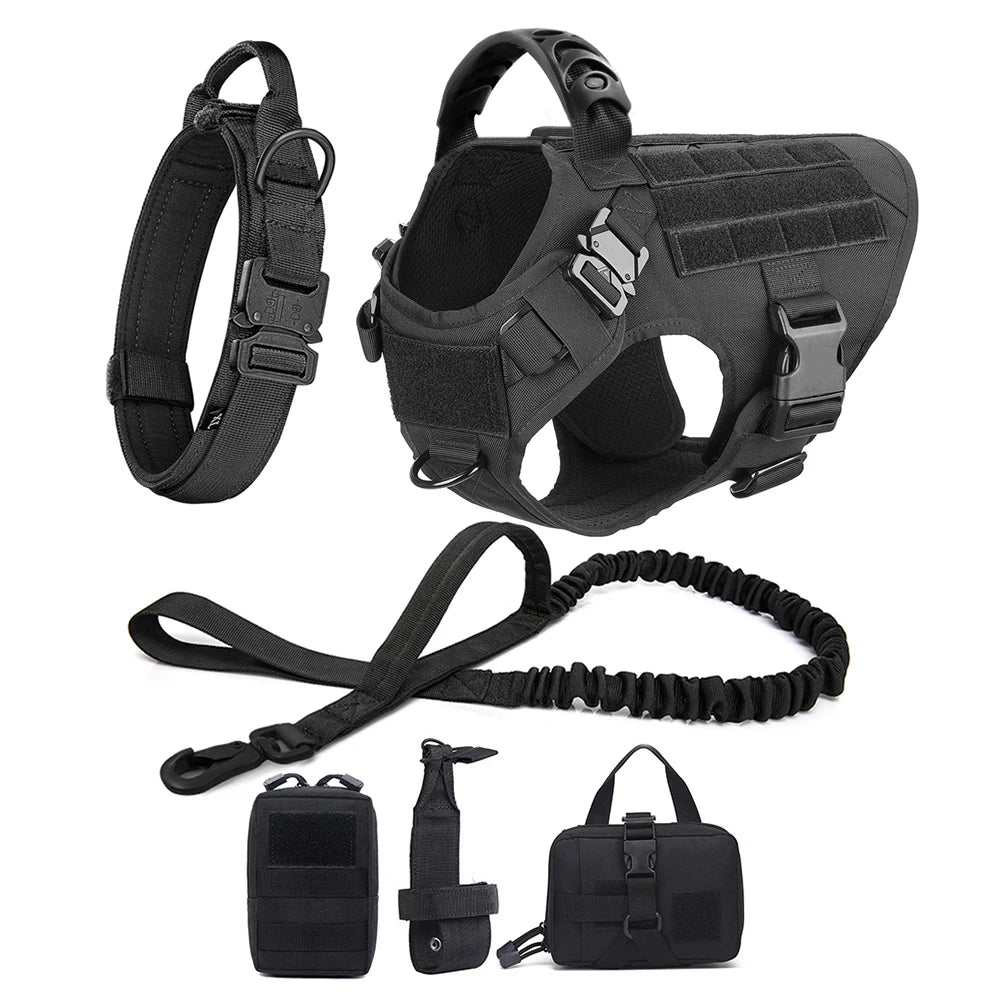 Dog harness vest set in black with matching leash and two small accessory bags