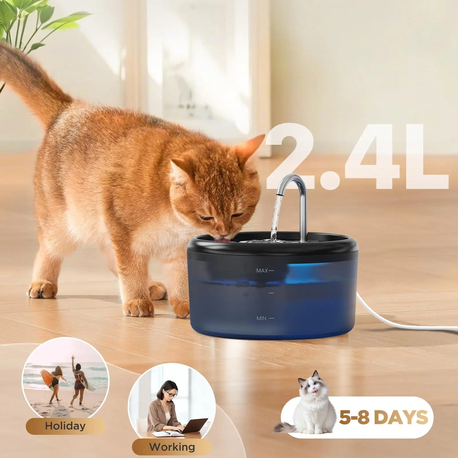 2.4L Cat Water Fountain LED Light Water Level Window