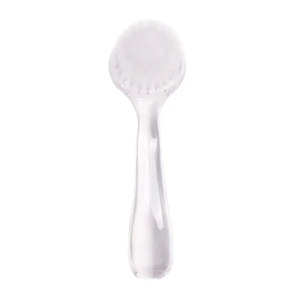 White pet grooming brush with rounded bristle head on clear handle