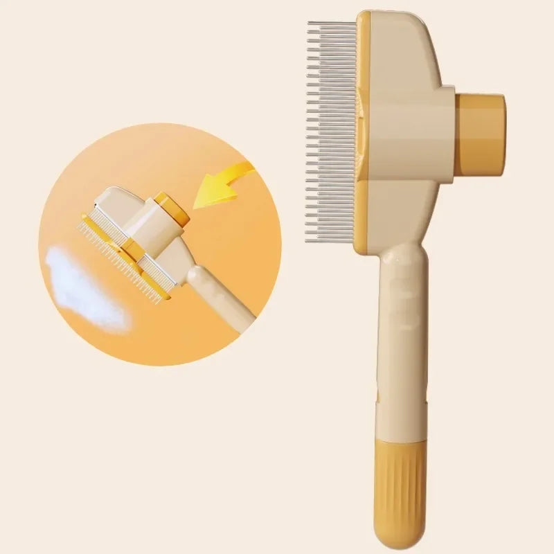 Pet hair remover comb with fine metal pins and self-cleaning button, cream and amber handle