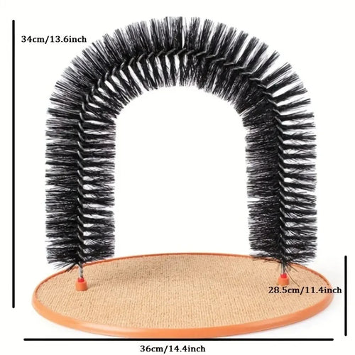 Cat arch self-groomer brush massager with black arched bristles and tan round base