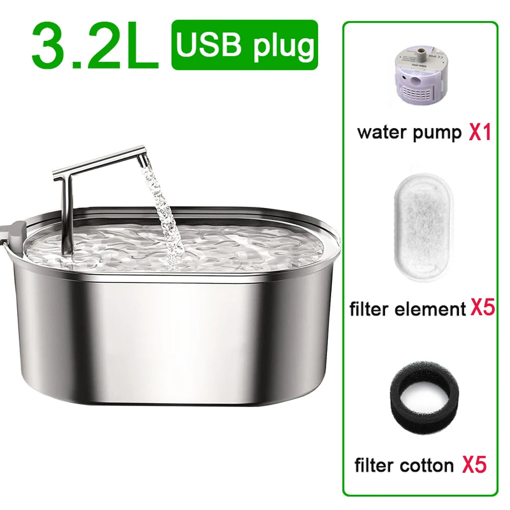 Stainless steel pet water fountain basin with water spout and included filter elements