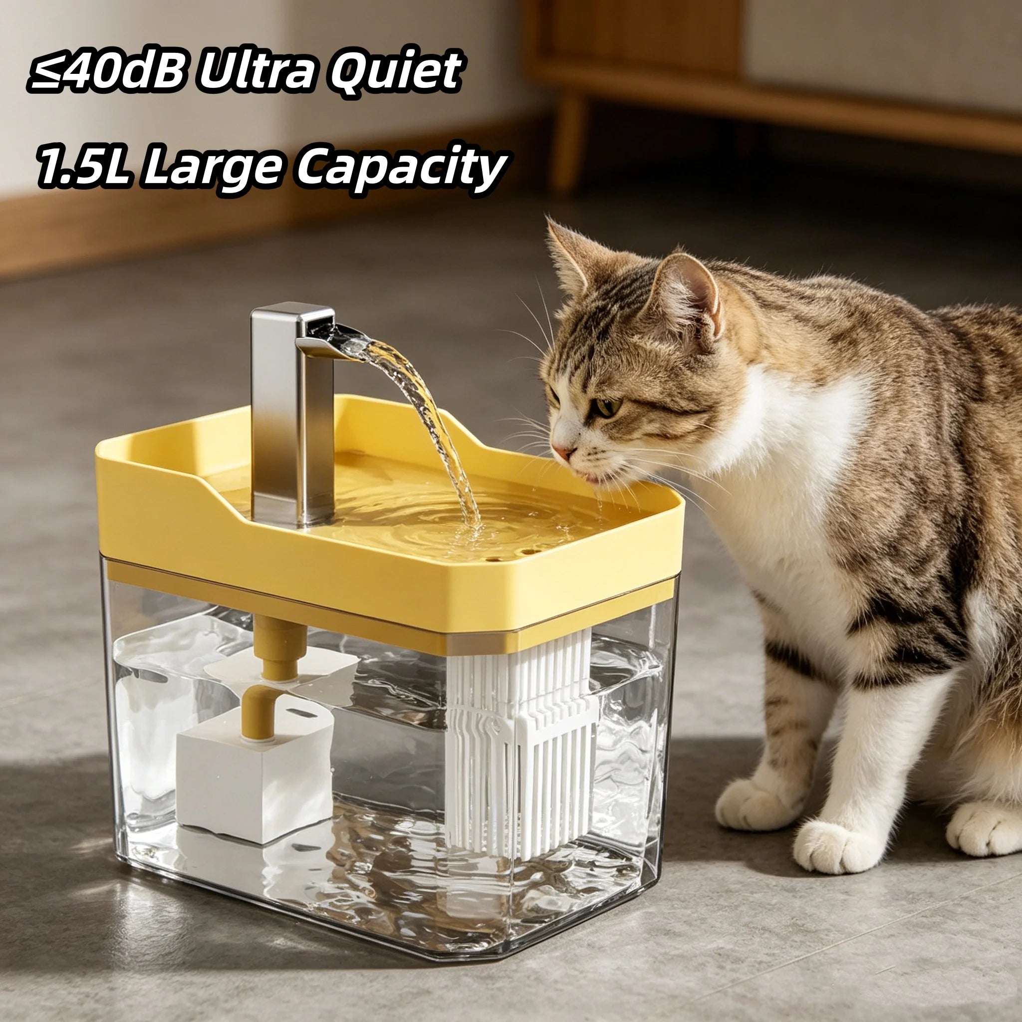 1.5L Transparent Cat Water Fountain Quiet Auto Power Off