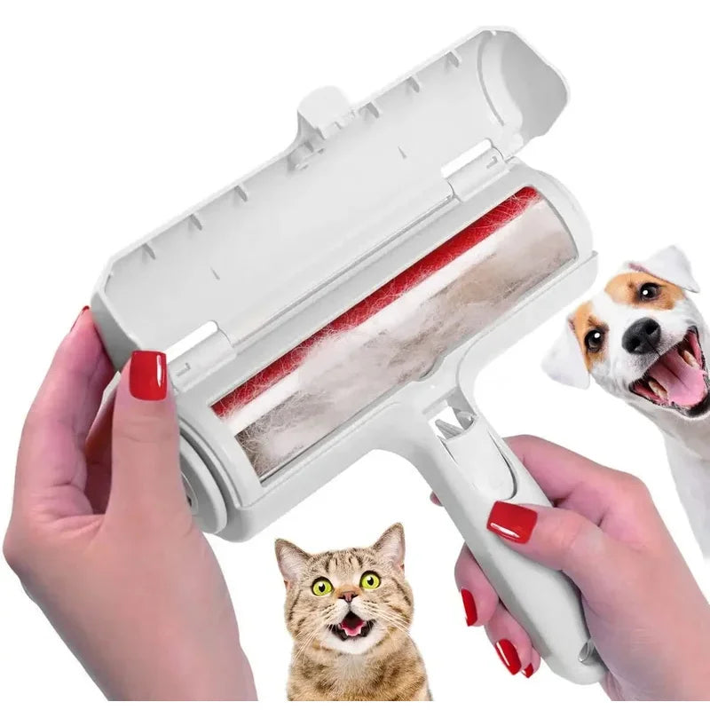 Self-cleaning pet hair remover roller with red brush, handheld design