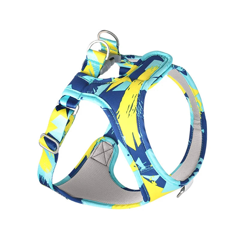 Mesh adjustable dog cat harness vest with blue and yellow pattern and gray padding