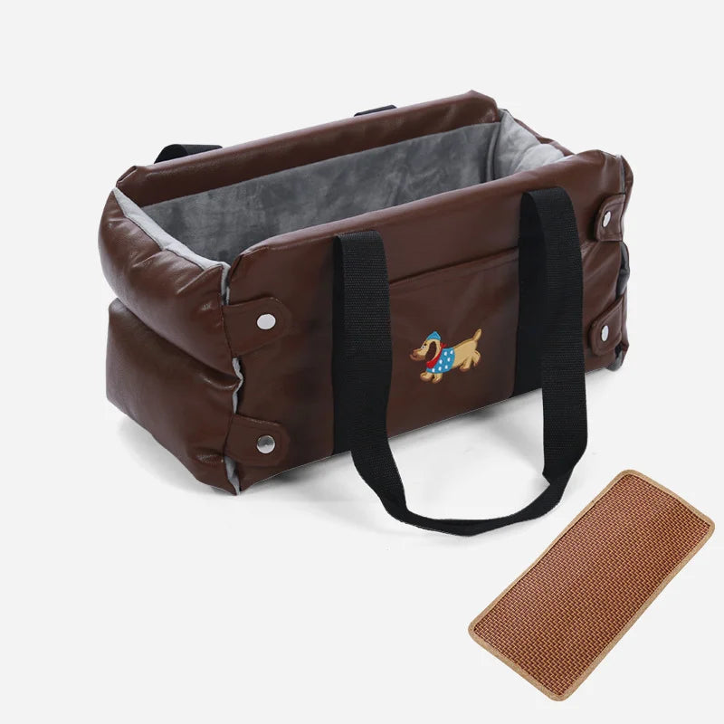 PU leather dog car seat in chocolate brown with side straps, front snaps, and brown mat
