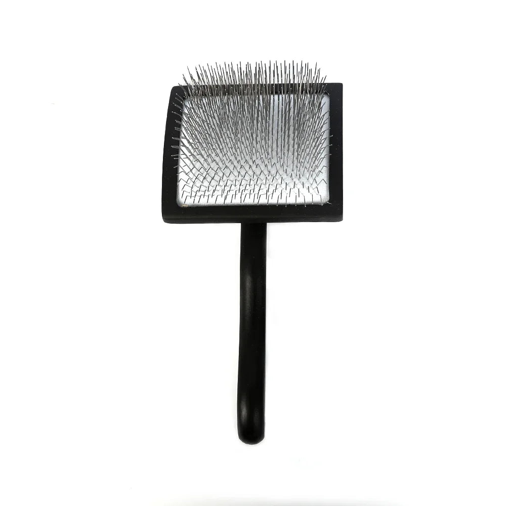 Black double-sided pet grooming brush with a square silver pin head