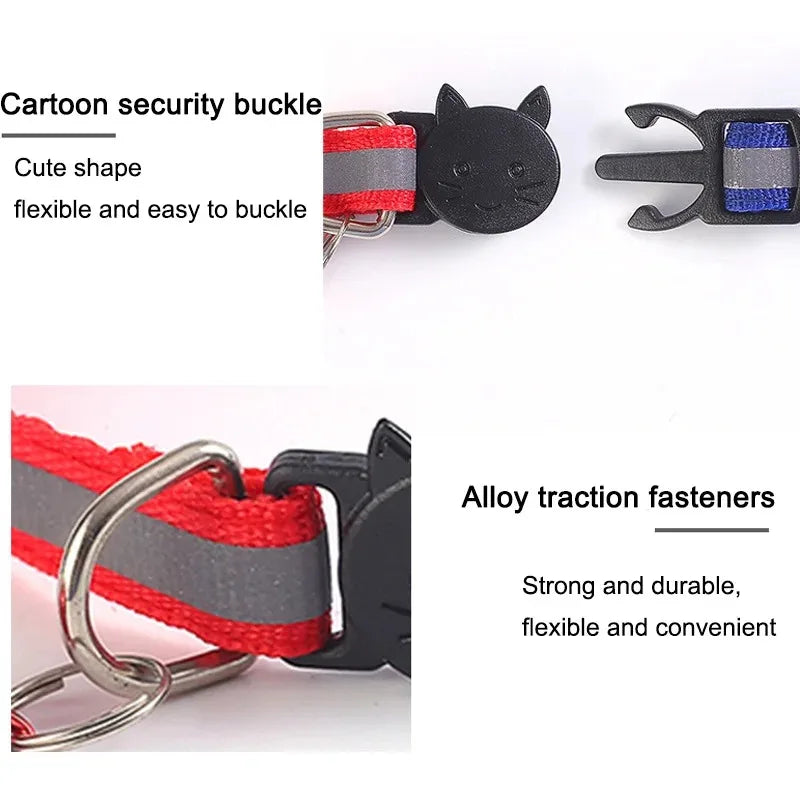 Cat collar with cartoon security buckle and metal ring, traction fastener detail