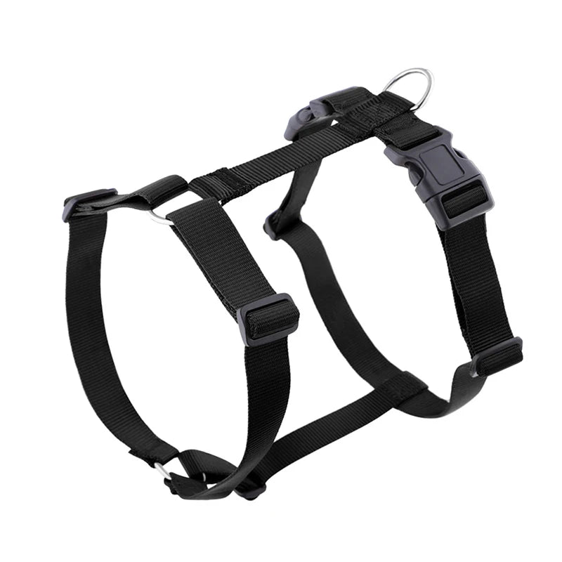 Lightweight H-shape dog harness, black nylon straps with plastic buckles and D-ring.