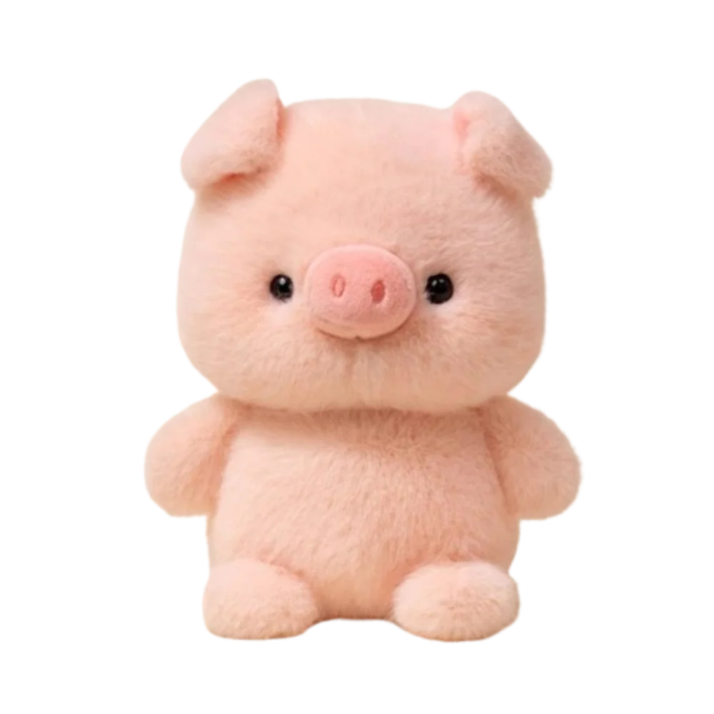 Plush pig animal toy, light pink, round snout with stitched eyes and blush cheeks