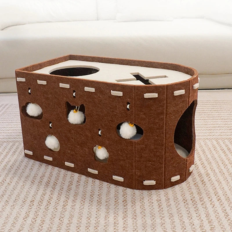 Foldable cat cave bed with brown felt walls, multiple circular entrances, white edges