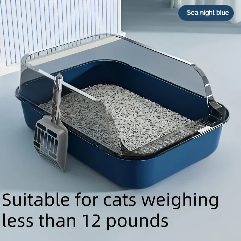 Semi-enclosed cat litter box with scoop, sea night blue base and open top