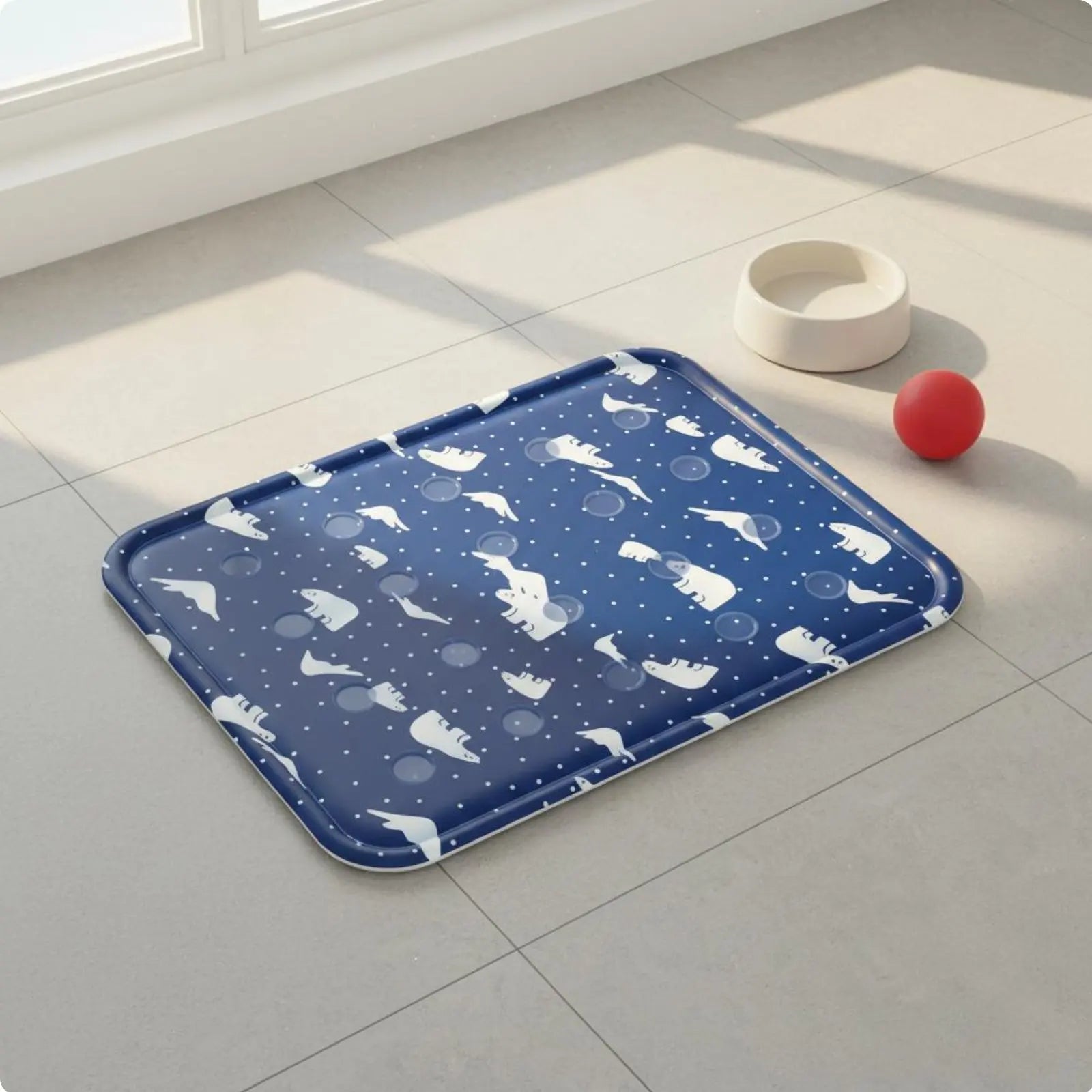 Dark blue cooling gel mat for pets with white polar bear pattern on the floor