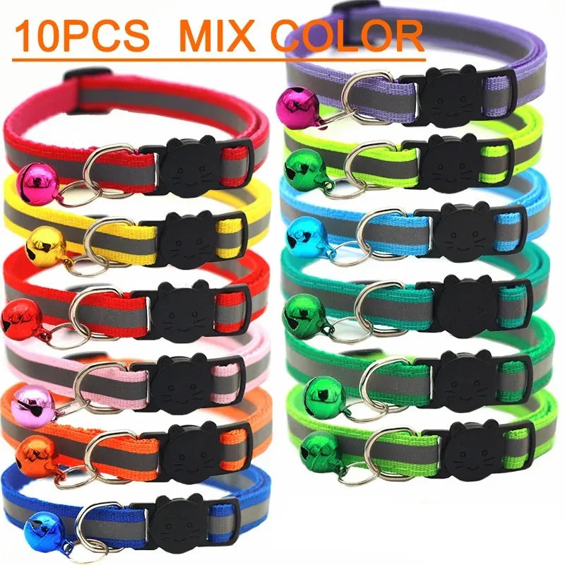 Cat collars 10-pack, mixed color straps with bells and black paw-shaped buckles