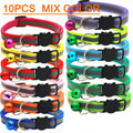 Cat collars 10-pack, mixed color straps with bells and black paw-shaped buckles