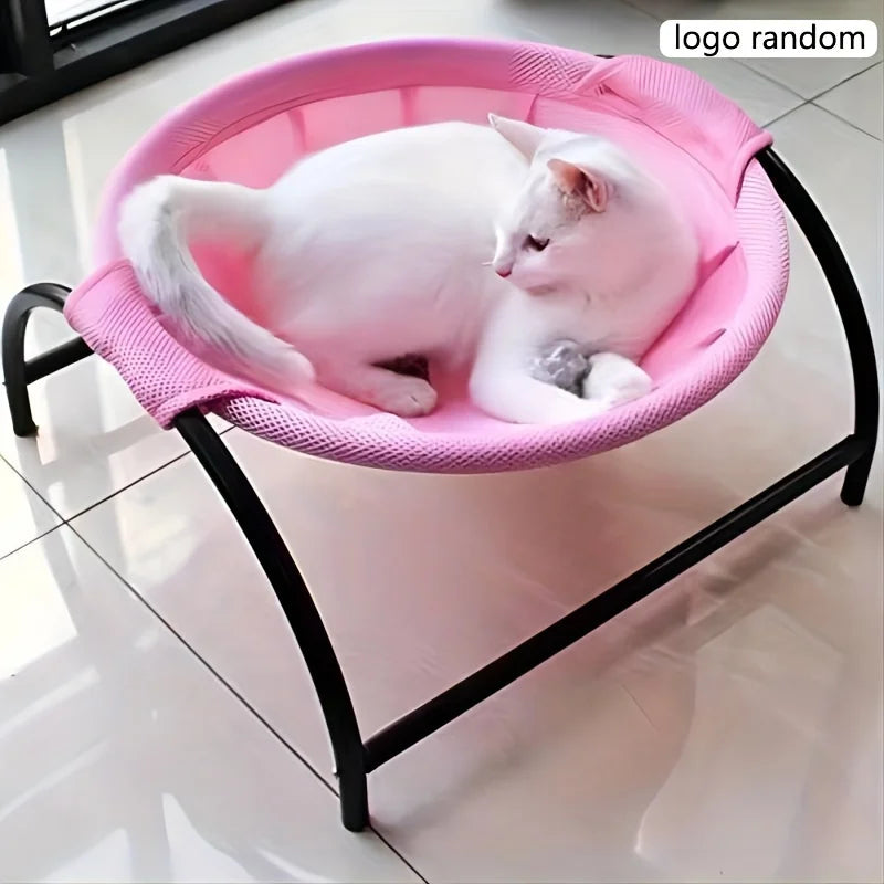 Cat hammock bed with pink mesh hammock and black metal stand, cat resting