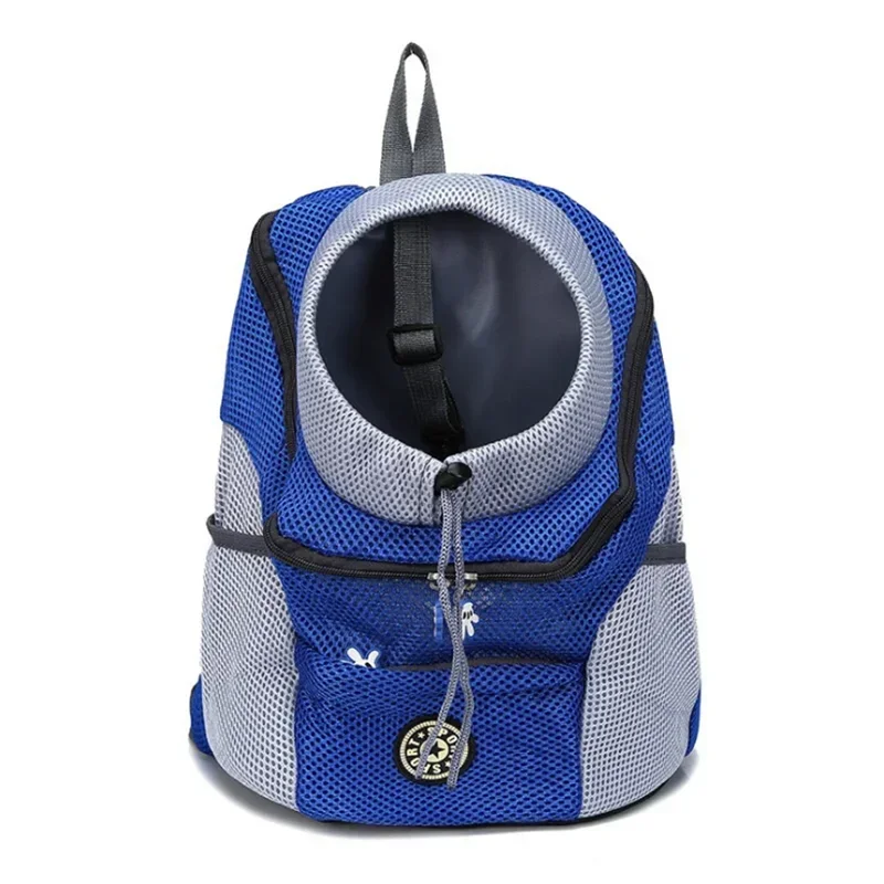 Blue pet front-fold backpack carrier with ventilation mesh and circular front window, black straps