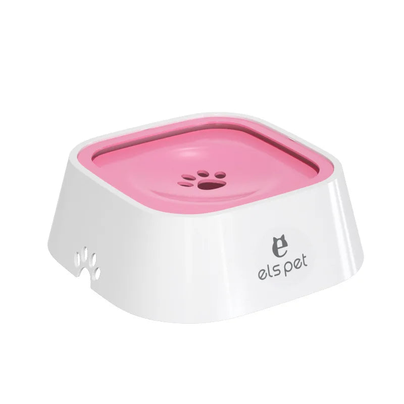 No-spill slow water feeder dog bowl, white with pink top insert and paw logo.